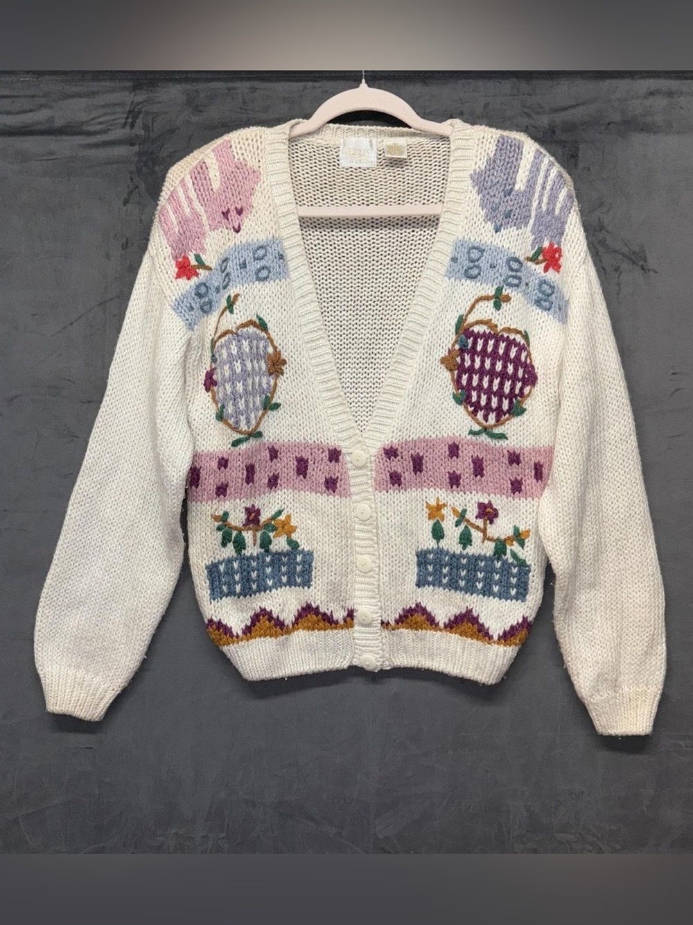 White Floral Patchwork V-Neck Button Cardigan Sweater